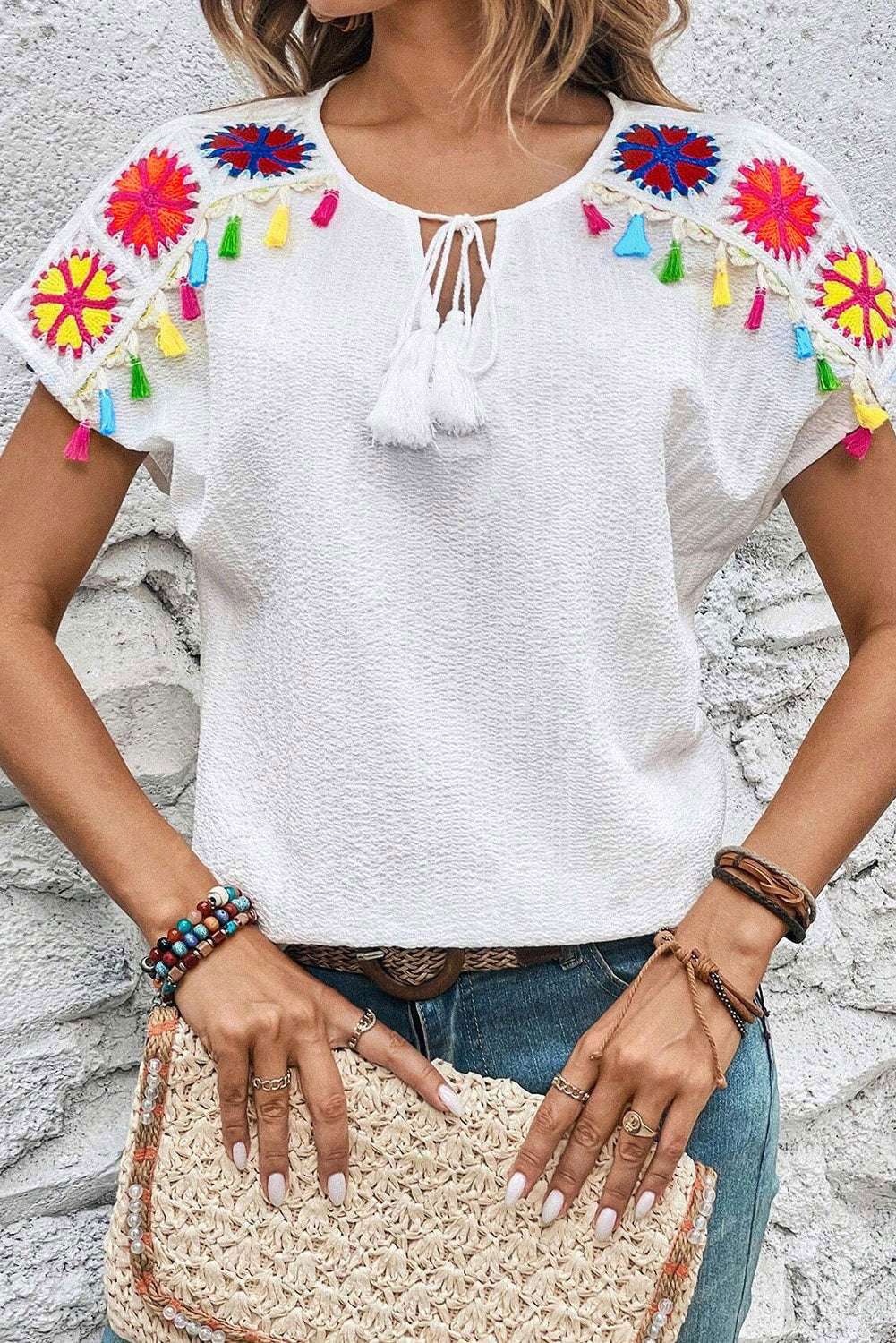 White Boho Embroidered V Neck Fringe Short Sleeve Blouse 