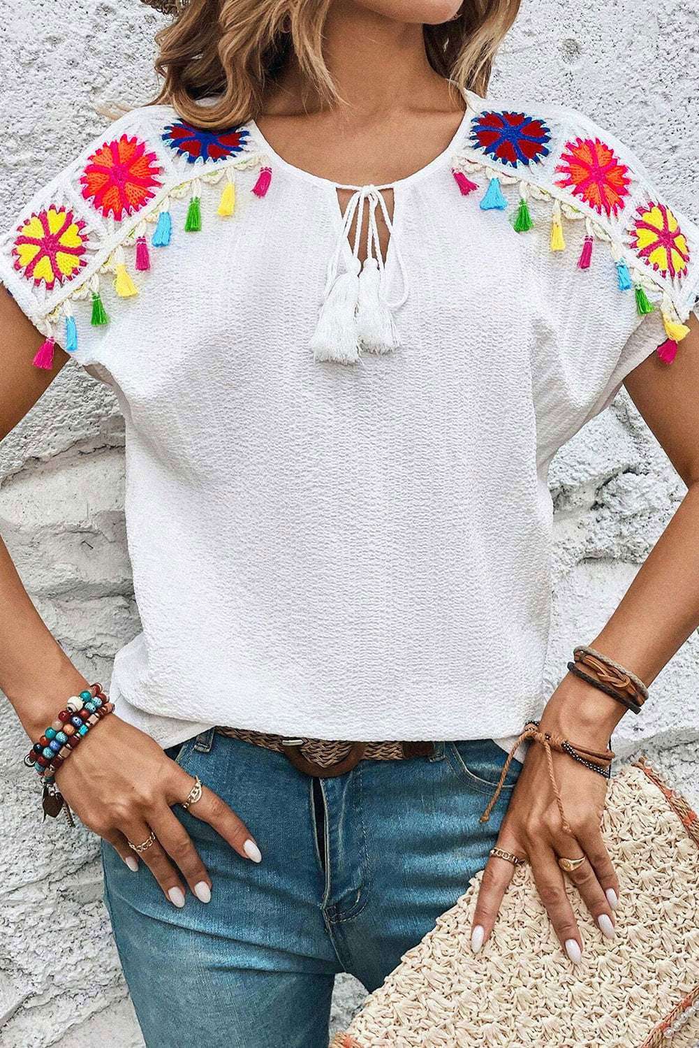 White Boho Embroidered V Neck Fringe Short Sleeve Blouse 