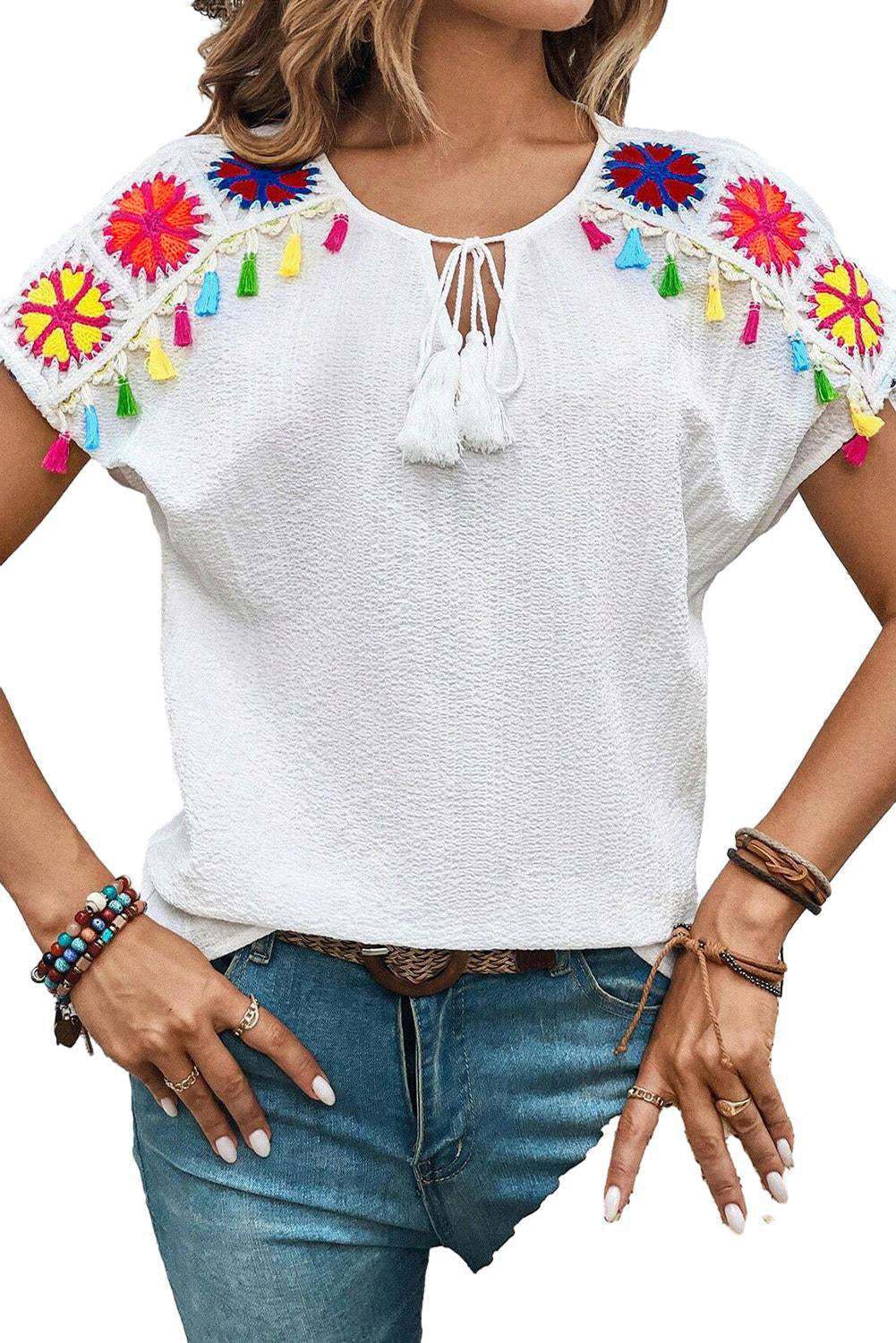 White Boho Embroidered V Neck Fringe Short Sleeve Blouse 