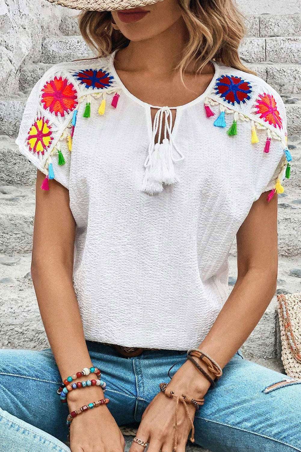 White Boho Embroidered V Neck Fringe Short Sleeve Blouse 