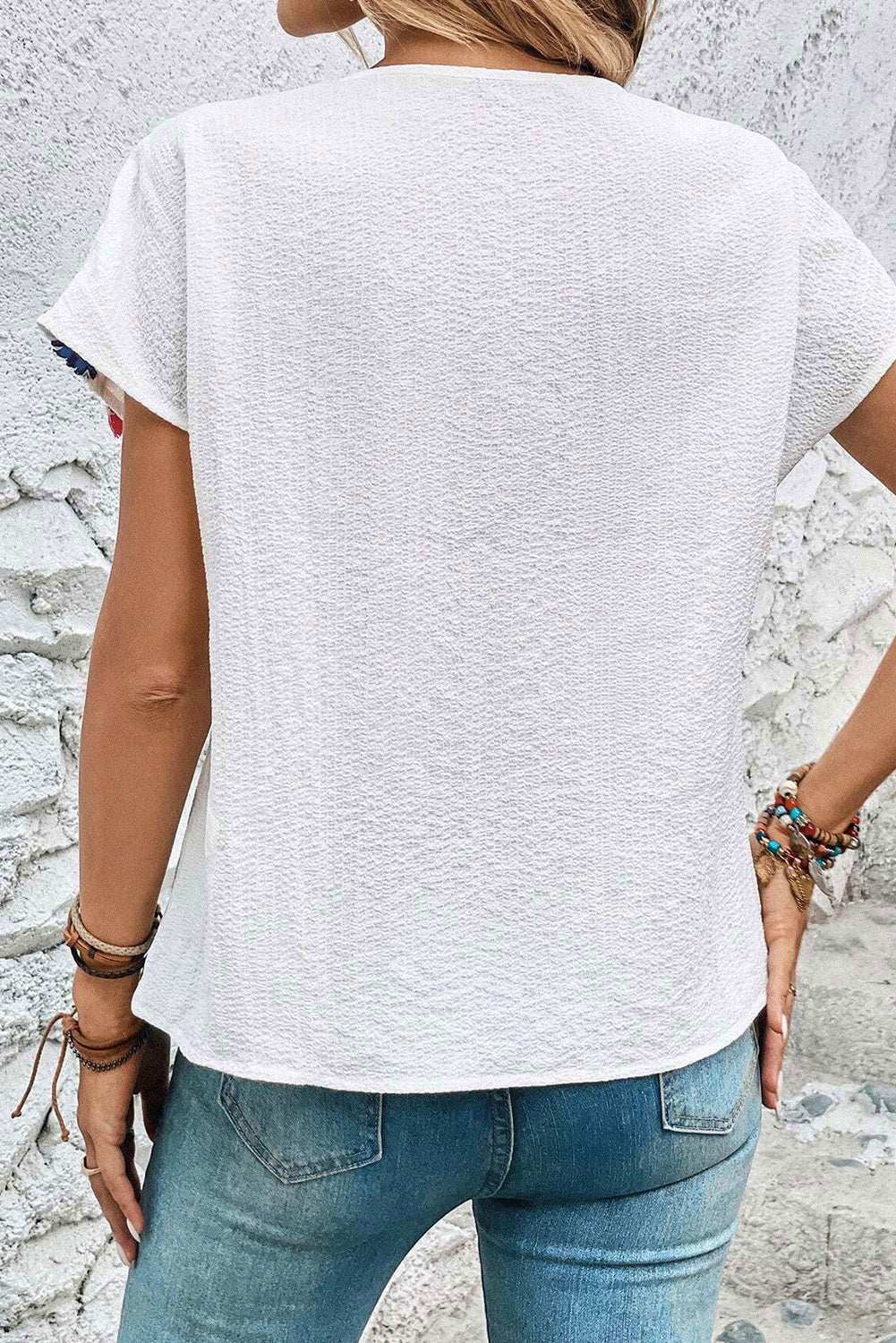 White Boho Embroidered V Neck Fringe Short Sleeve Blouse 