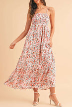 White Boho Floral Self-tie Smocked Ruffle Maxi Dress 