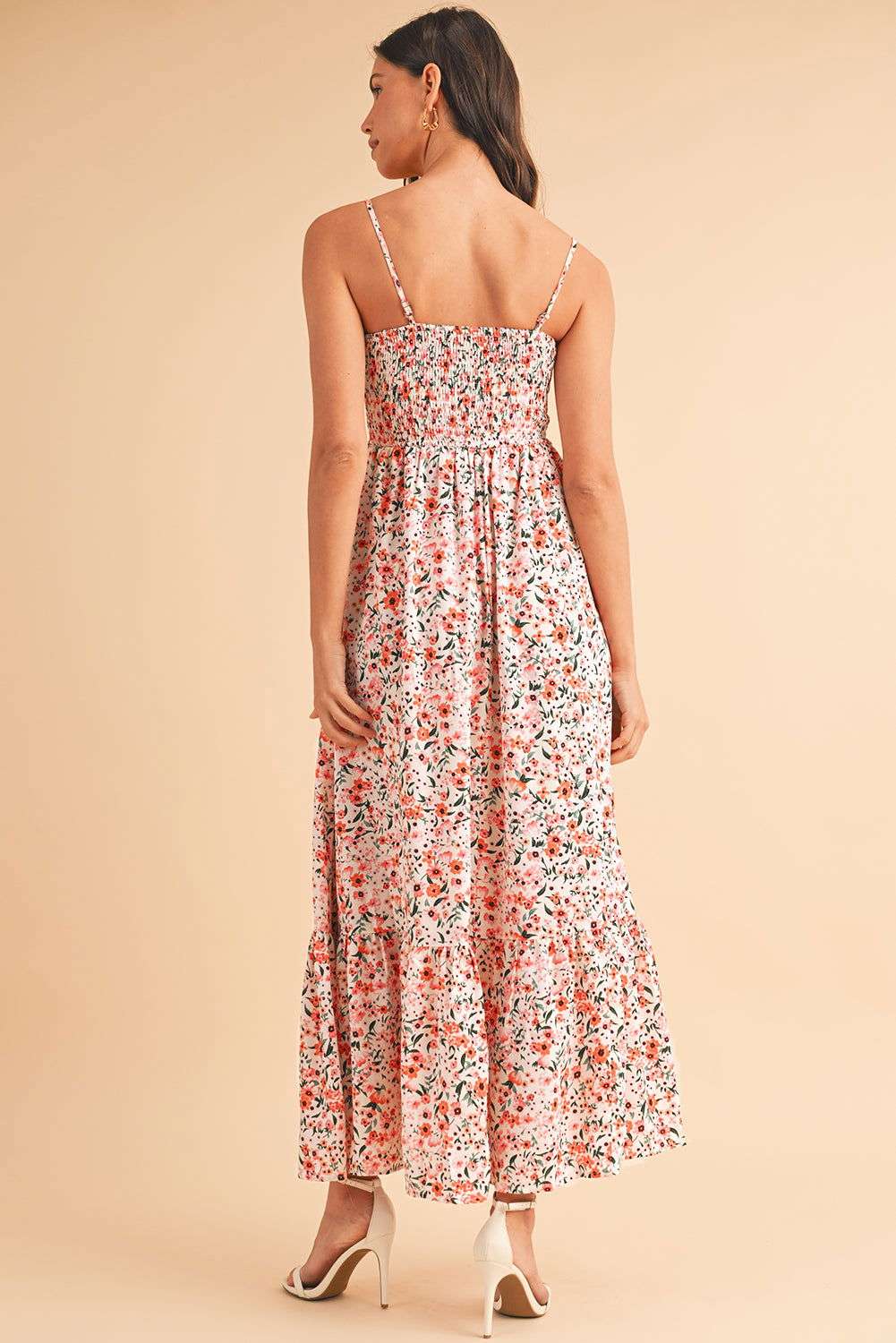 White Boho Floral Self-tie Smocked Ruffle Maxi Dress 