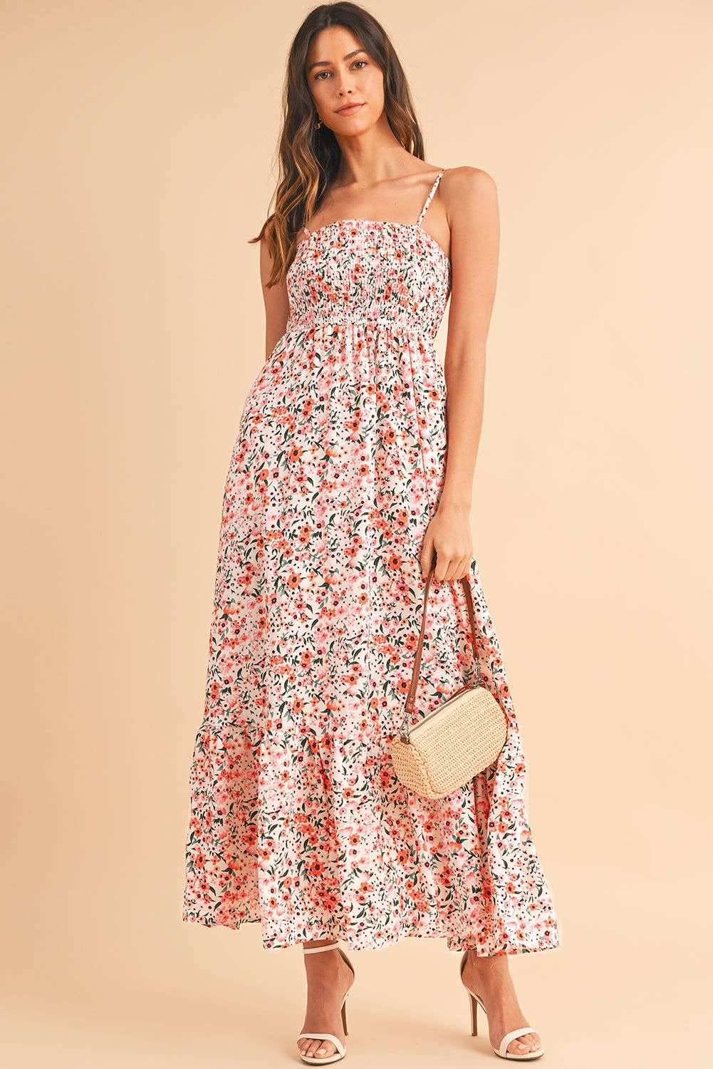 White Boho Floral Self-tie Smocked Ruffle Maxi Dress 