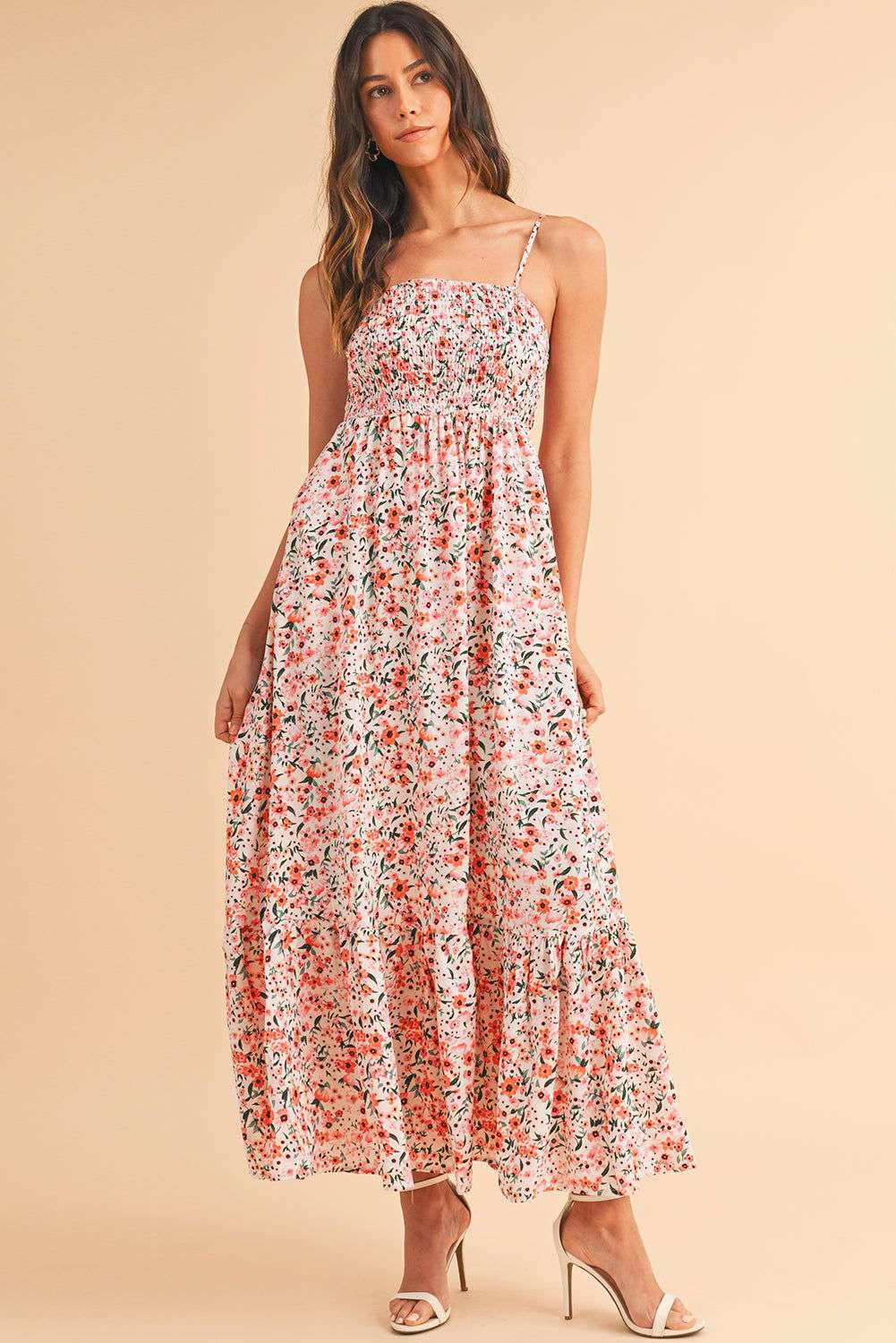 White Boho Floral Self-tie Smocked Ruffle Maxi Dress 