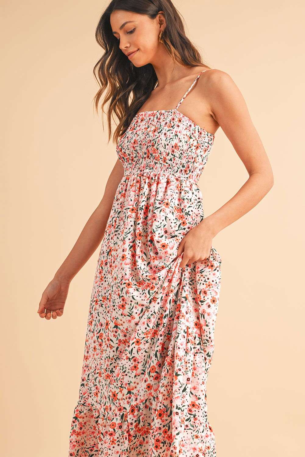 White Boho Floral Self-tie Smocked Ruffle Maxi Dress 