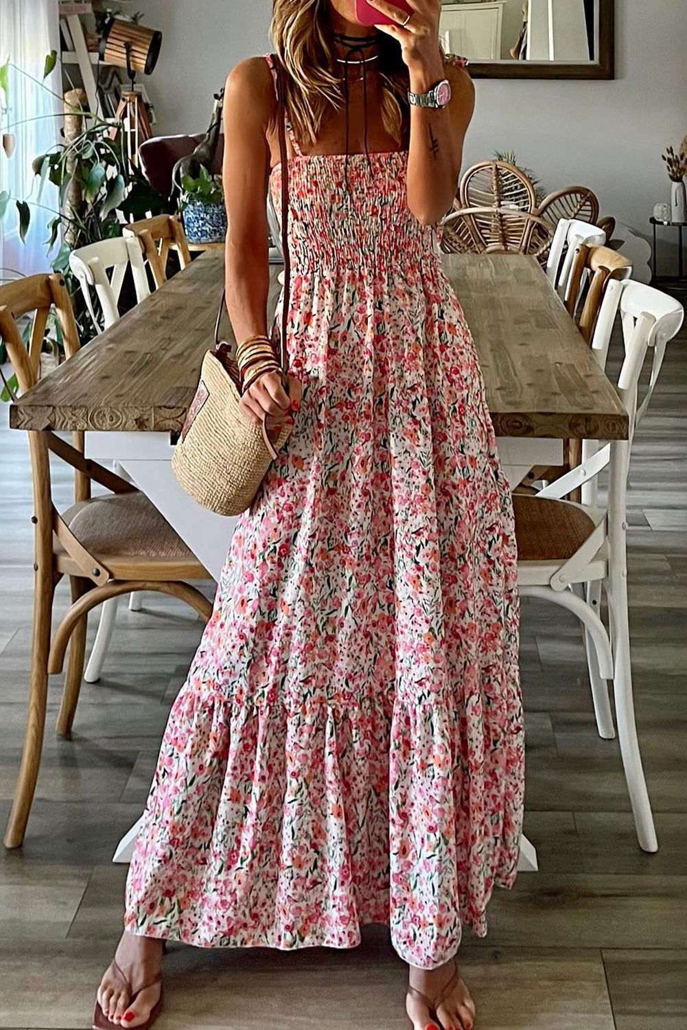 White Boho Floral Self-tie Smocked Ruffle Maxi Dress 