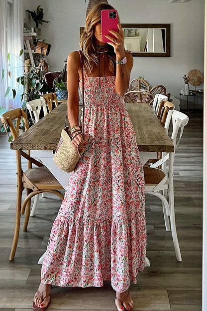 White Boho Floral Self-tie Smocked Ruffle Maxi Dress 