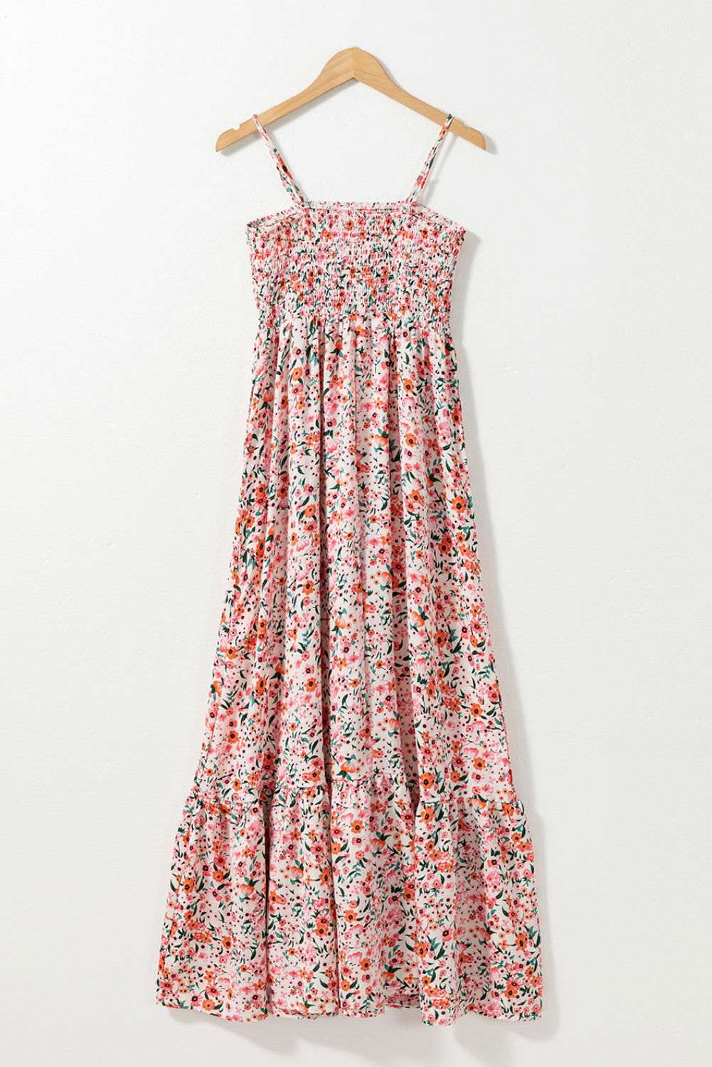 White Boho Floral Self-tie Smocked Ruffle Maxi Dress 