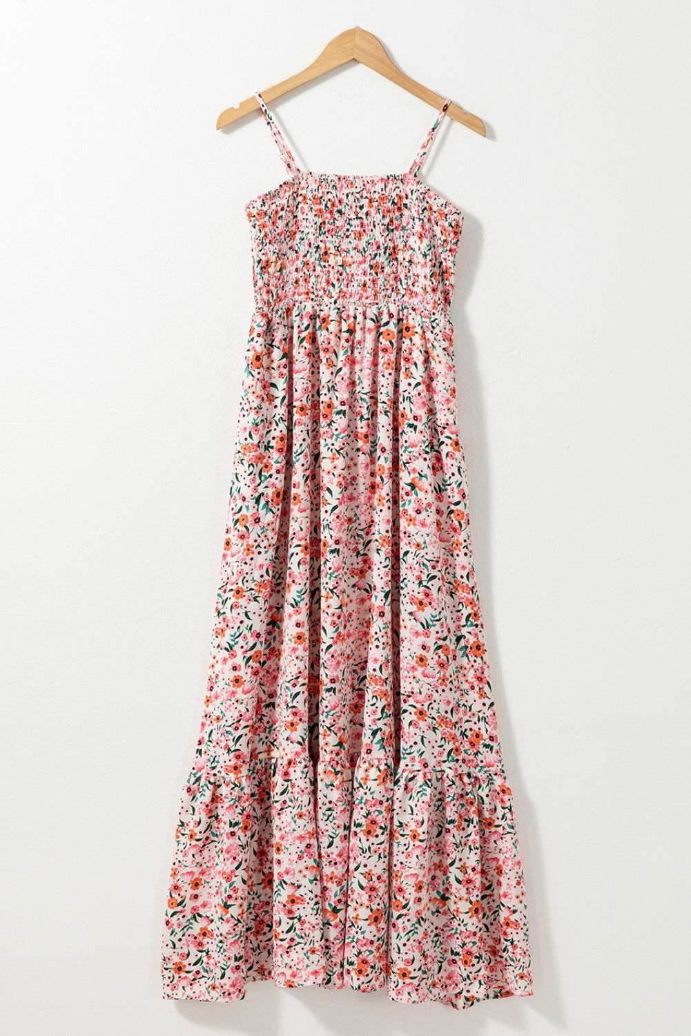 White Boho Floral Self-tie Smocked Ruffle Maxi Dress 