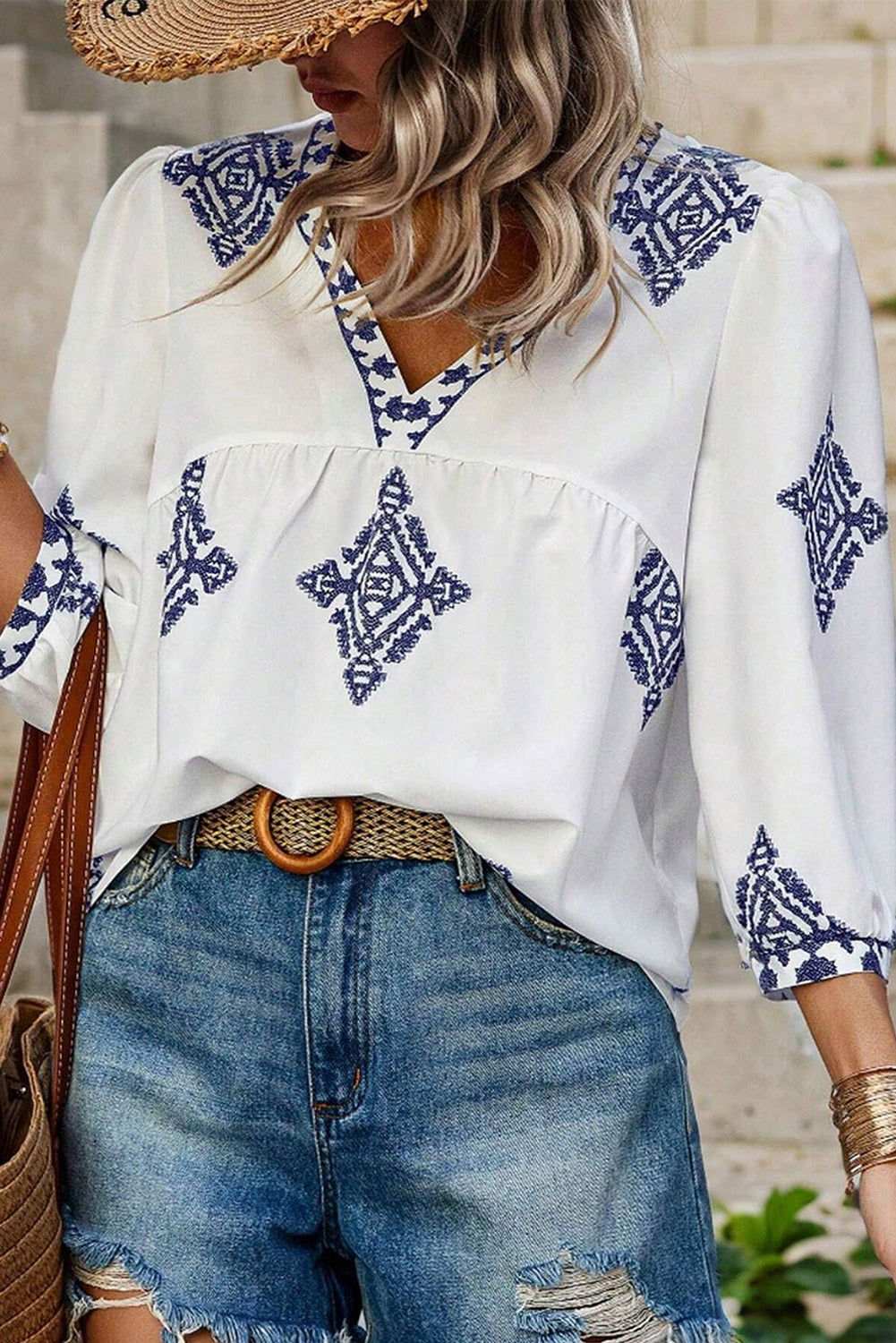 White Boho Geometric Print Bracelet Sleeve V Neck Blouse 