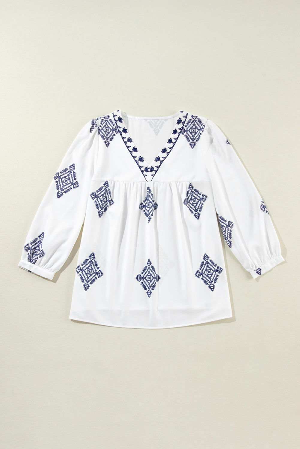 White Boho Geometric Print Bracelet Sleeve V Neck Blouse 