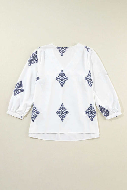 White Boho Geometric Print Bracelet Sleeve V Neck Blouse 