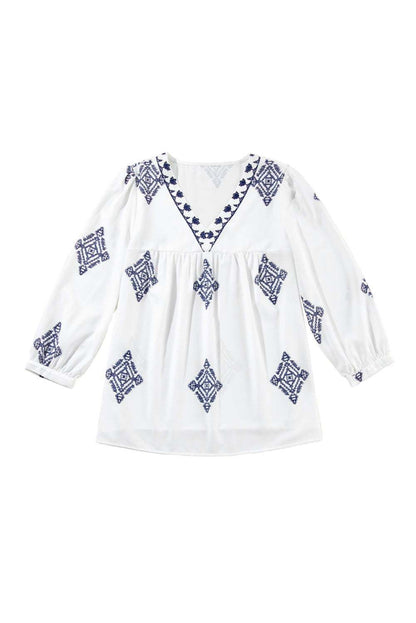 White Boho Geometric Print Bracelet Sleeve V Neck Blouse 