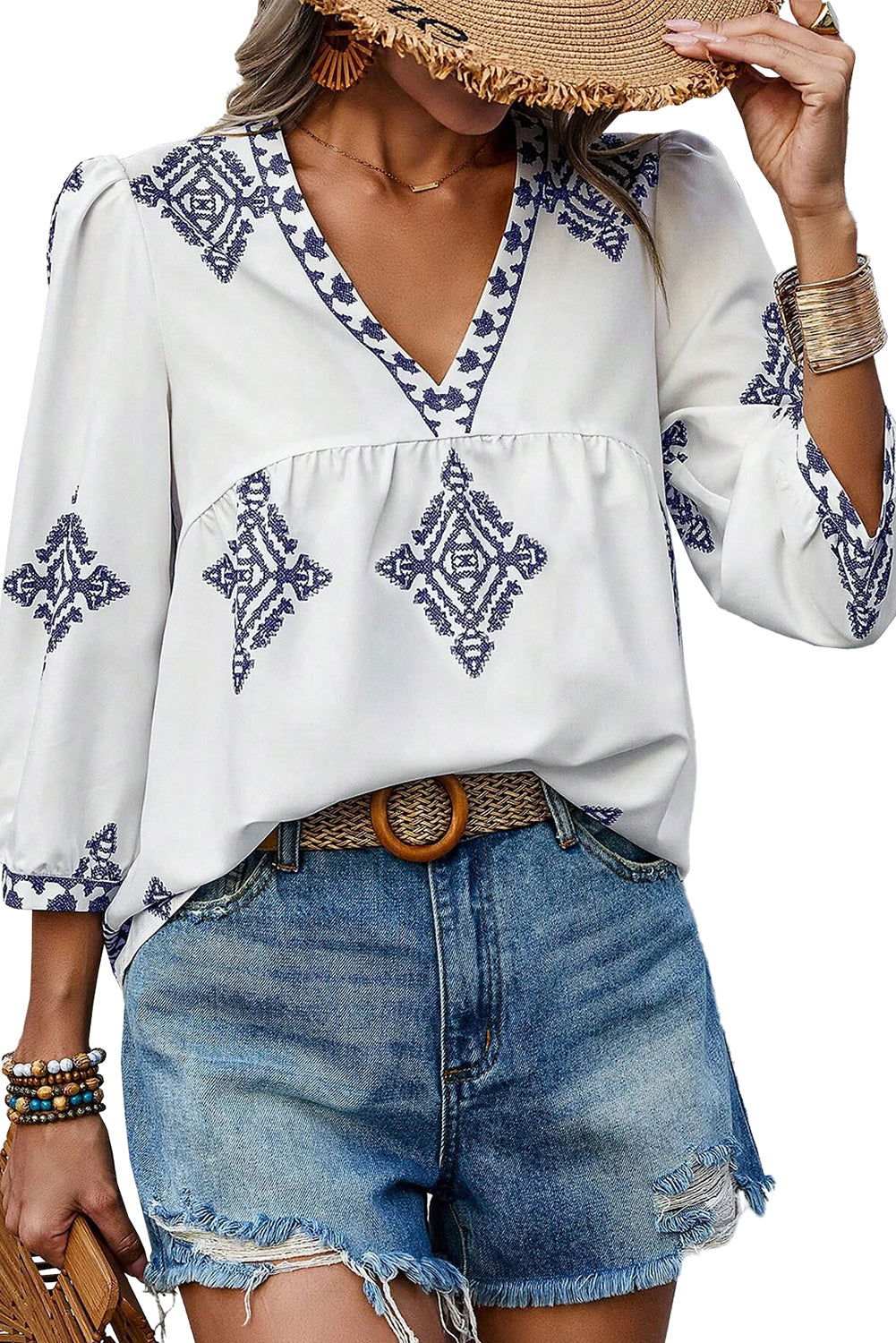 White Boho Geometric Print Bracelet Sleeve V Neck Blouse 