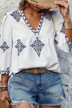 White Boho Geometric Print V Neck Plus Size Blouse 