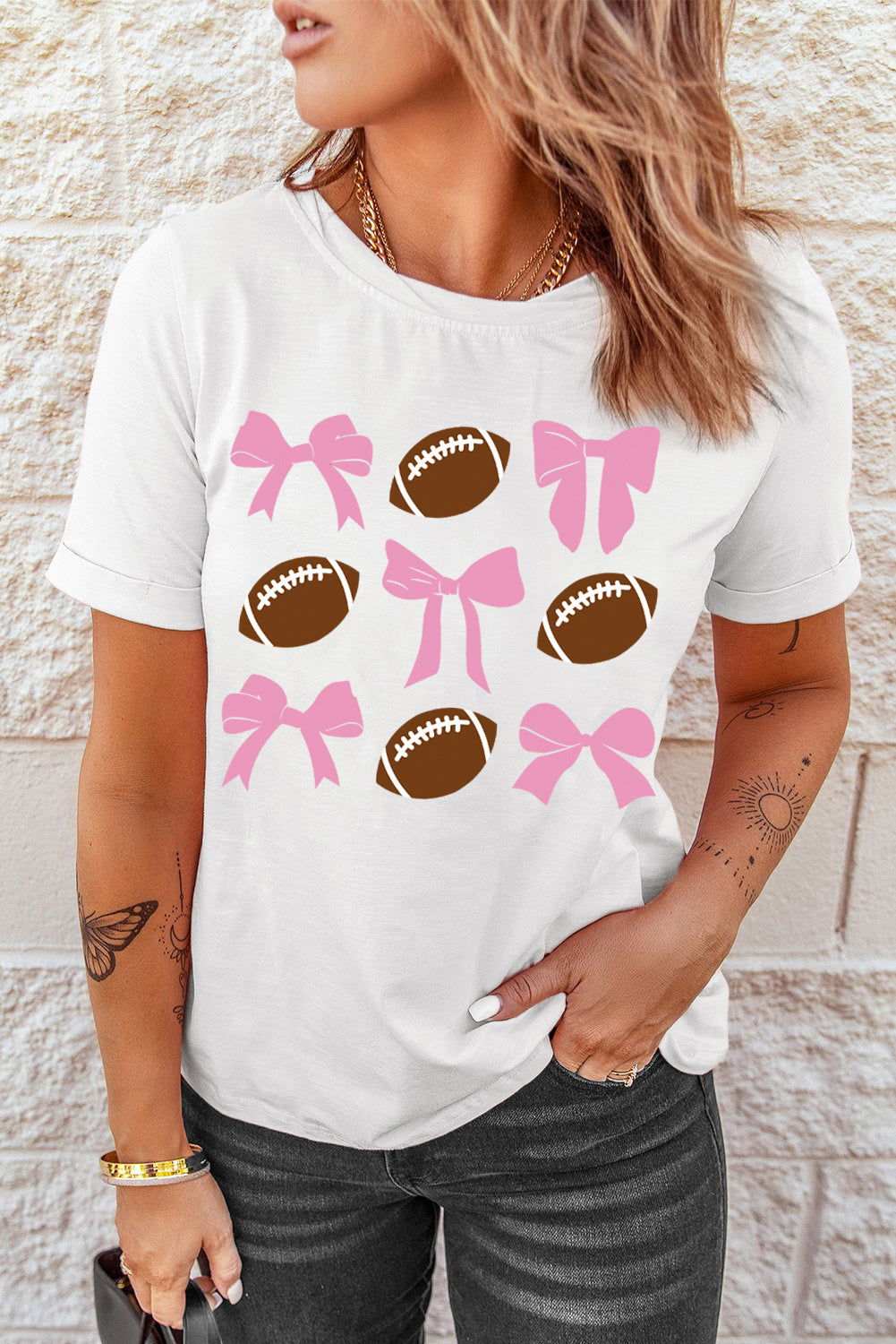 White Bowknot Rugby Graphic Crew Neck T Shirt 