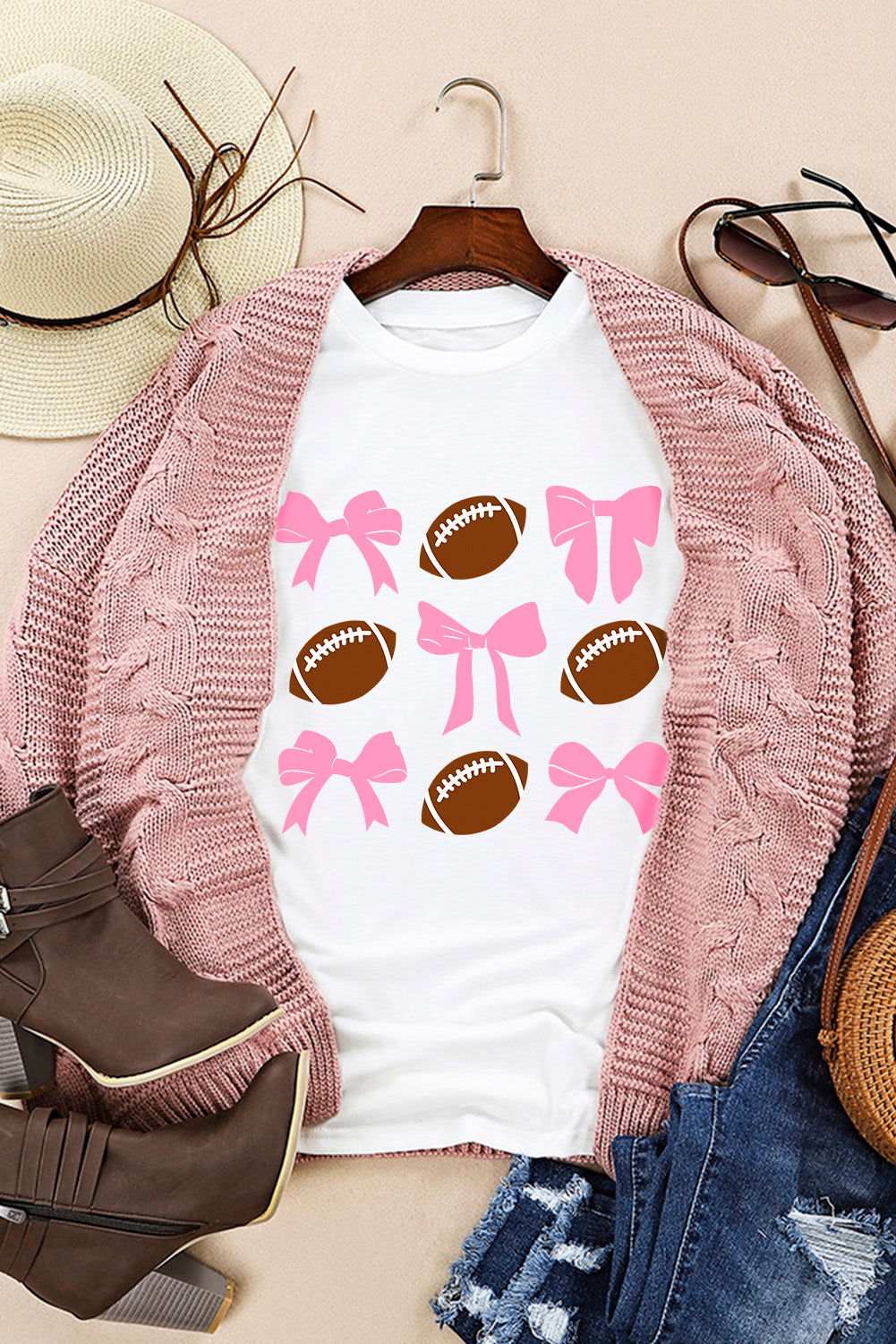 White Bowknot Rugby Graphic Crew Neck T Shirt 