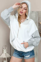 White Casual Half Zip Pullover Hoodie with Kangaroo Pocket 