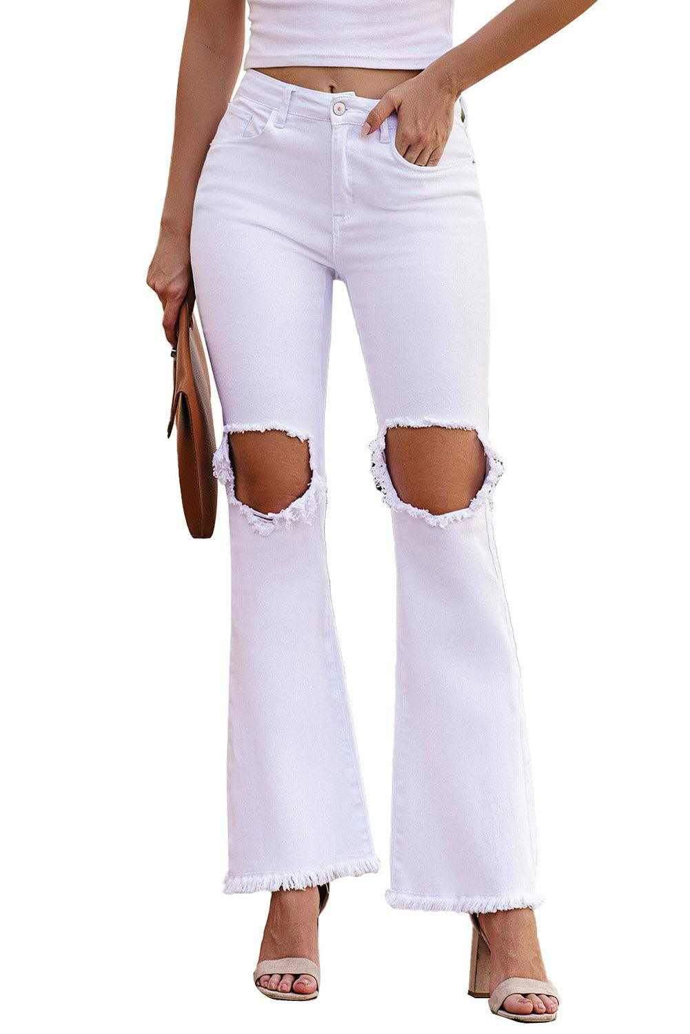 White Casual Ripped Raw Hem Flare Jeans 