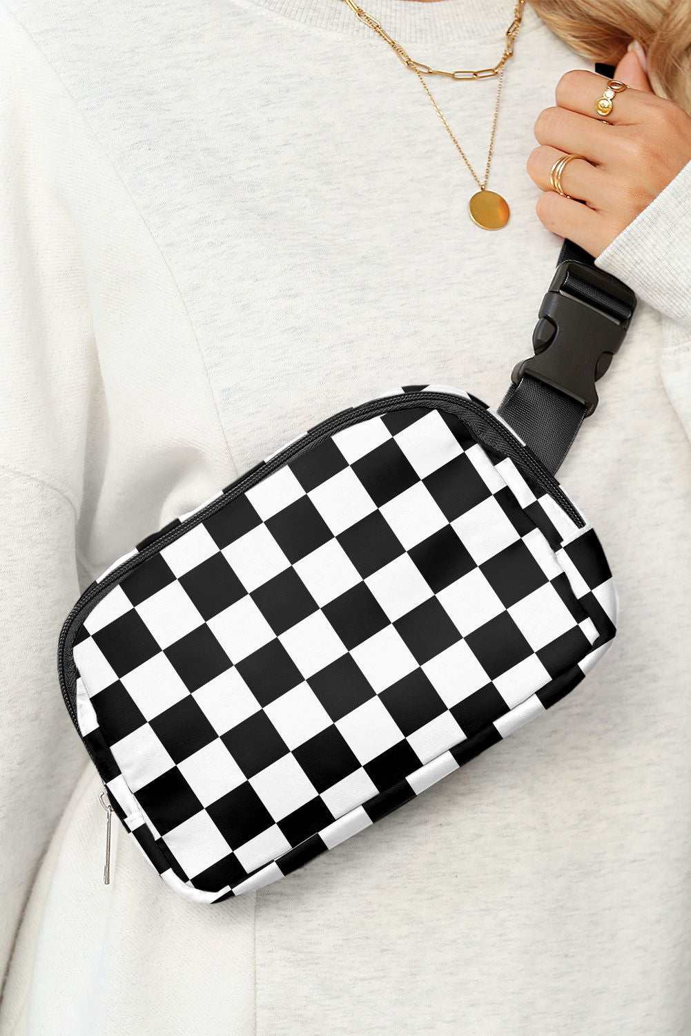 White Checkered Print Buckle Wide Belt Crossbody Bag 