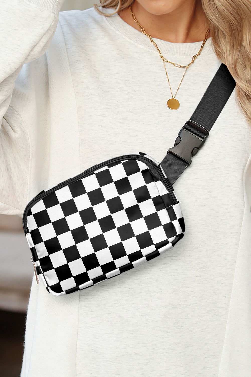 White Checkered Print Buckle Wide Belt Crossbody Bag 