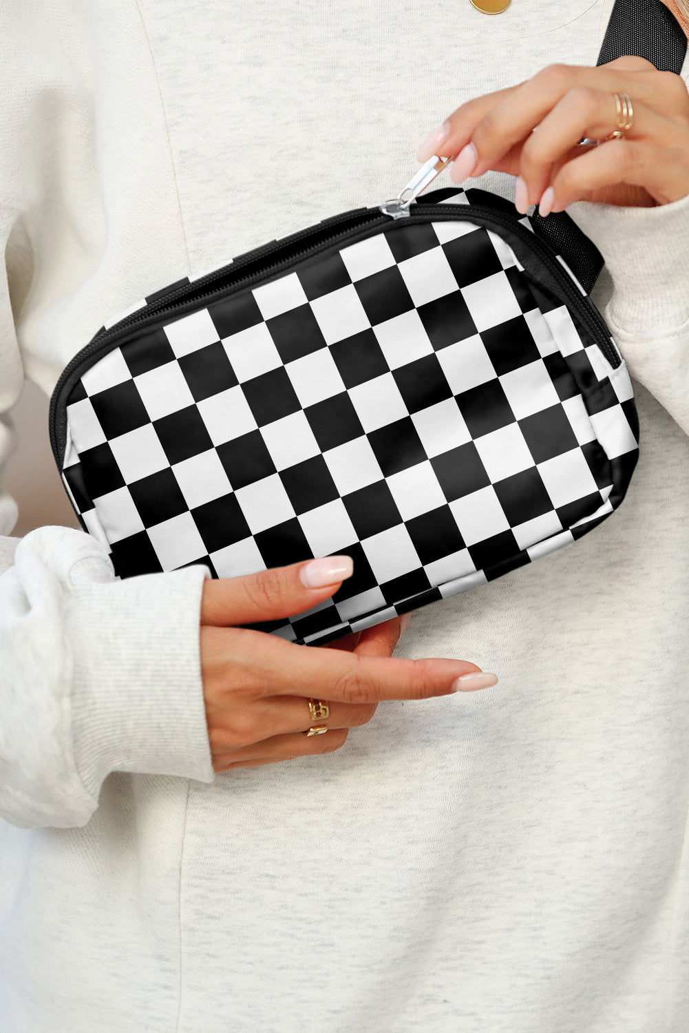 White Checkered Print Buckle Wide Belt Crossbody Bag 