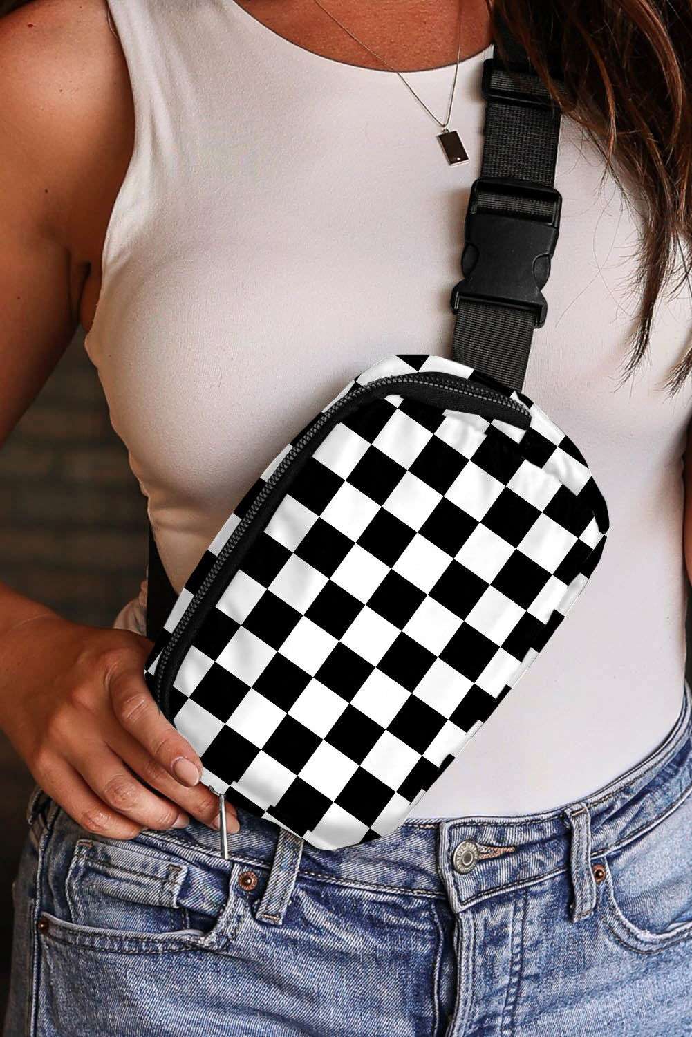 White Checkered Print Buckle Wide Belt Crossbody Bag 