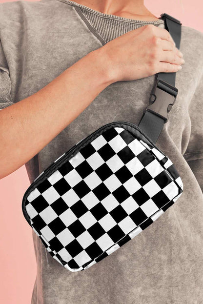 White Checkered Print Buckle Wide Belt Crossbody Bag 