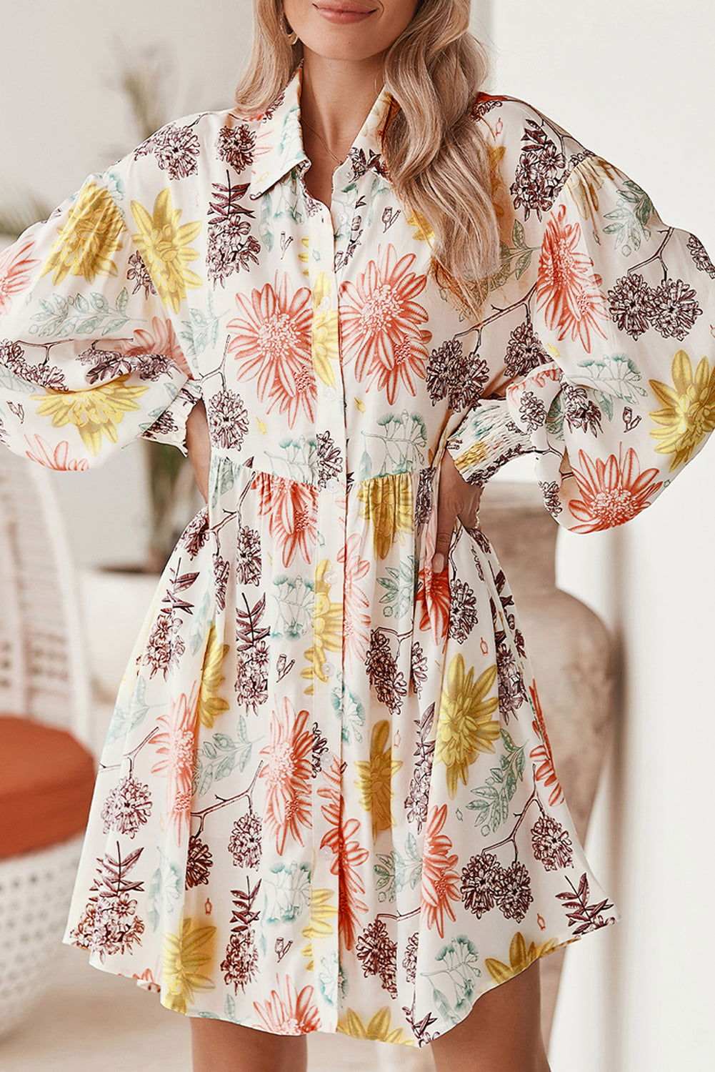 White Collared Neck Bubble Sleeve Floral Dress 