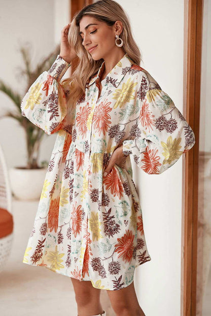 White Collared Neck Bubble Sleeve Floral Dress 