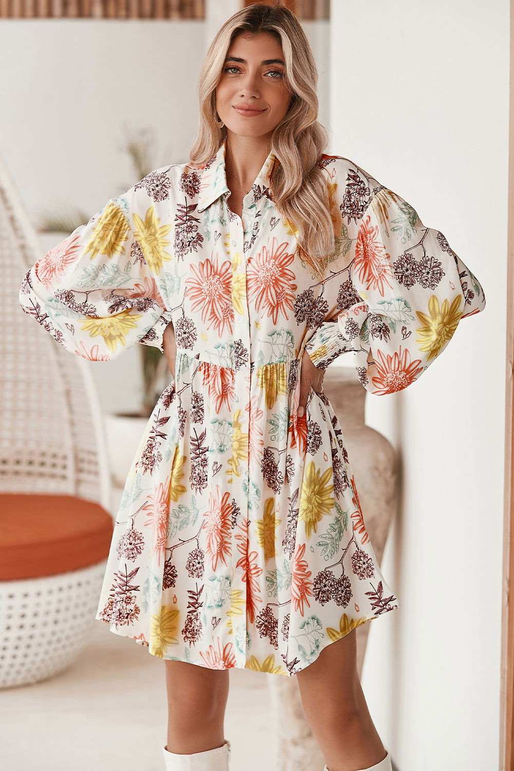 White Collared Neck Bubble Sleeve Floral Dress 