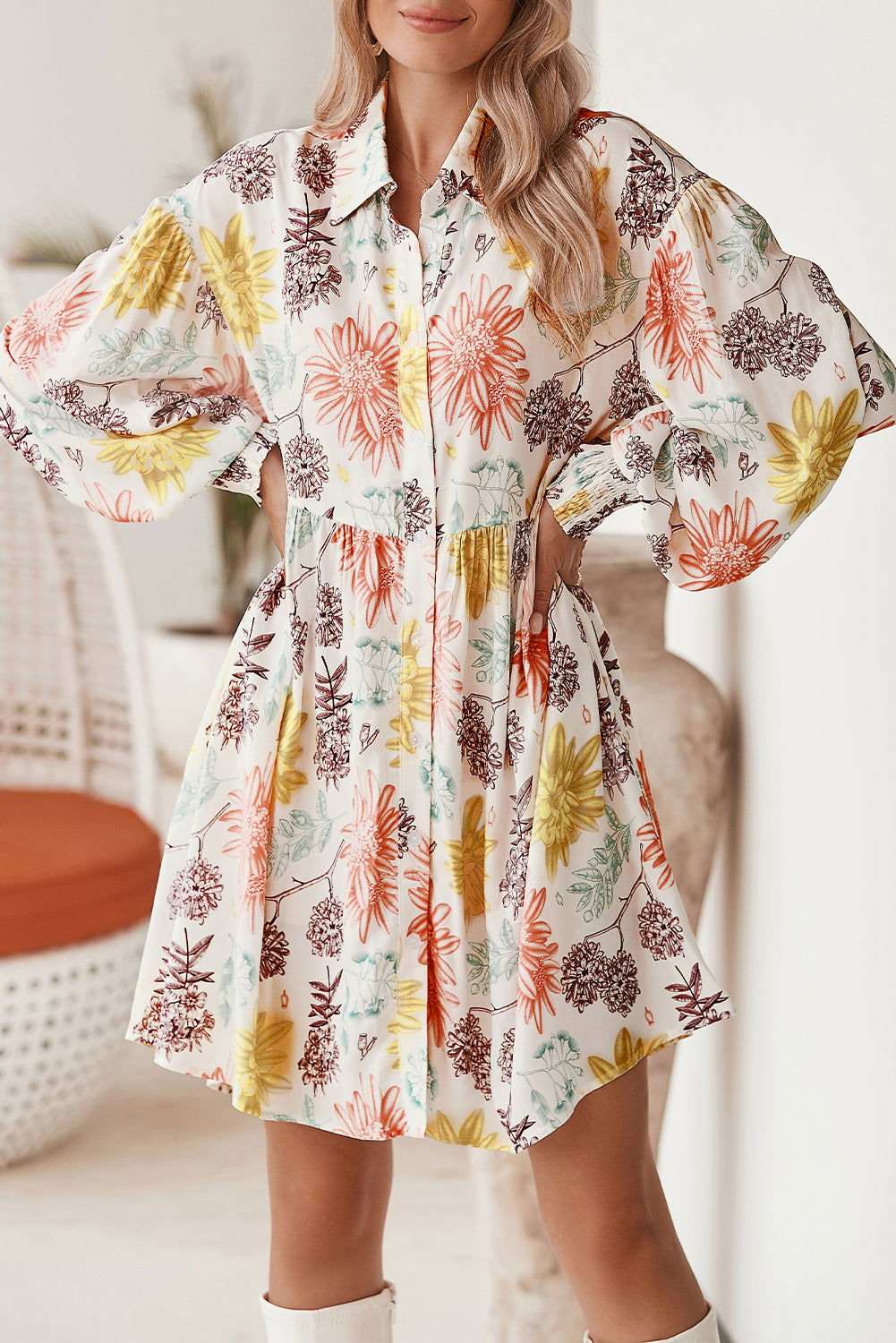 White Collared Neck Bubble Sleeve Floral Dress 