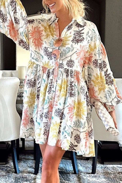 White Collared Neck Bubble Sleeve Floral Dress 