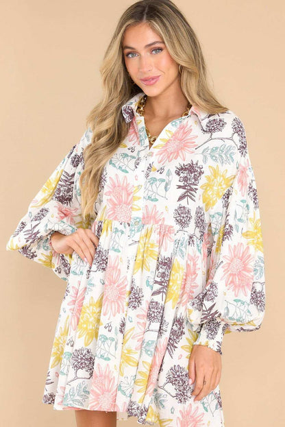 White Collared Neck Bubble Sleeve Floral Dress 