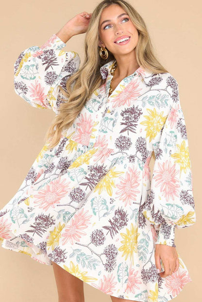 White Collared Neck Bubble Sleeve Floral Dress 