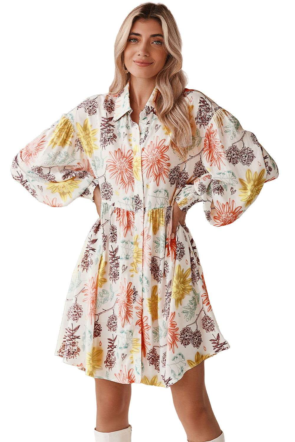 White Collared Neck Bubble Sleeve Floral Dress 