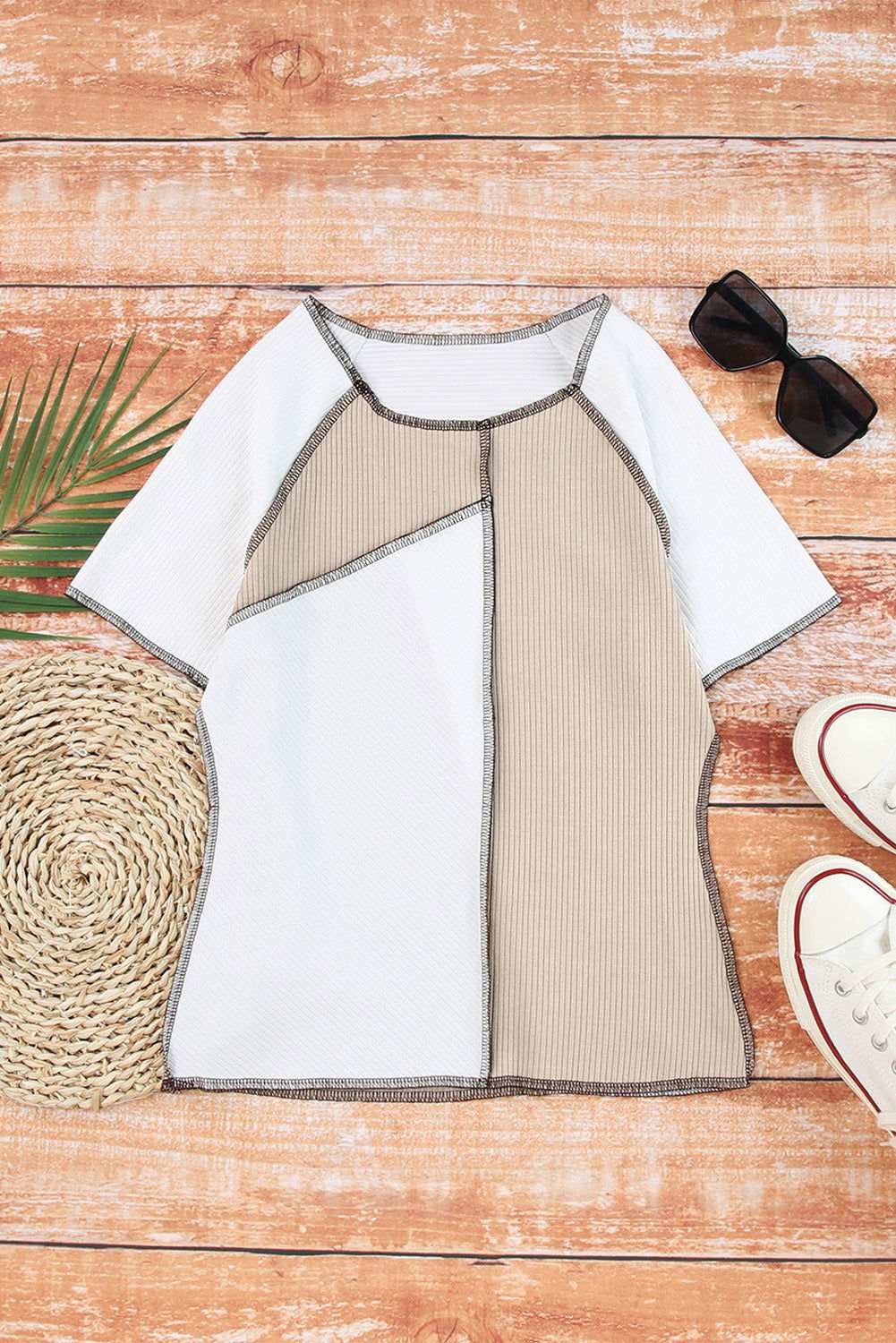 White Colorblock Exposed Seam Ribbed Raglan Sleeve T Shirt 