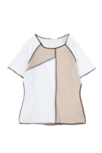 White Colorblock Exposed Seam Ribbed Raglan Sleeve T Shirt 