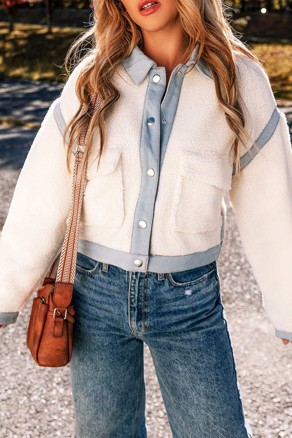 White Contrast Trim Buttoned Sherpa Jacket 