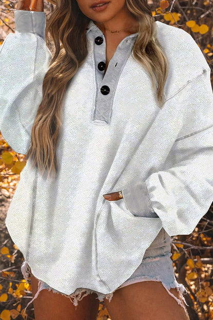 White Contrast Trim Collared Henley Sweatshirt 