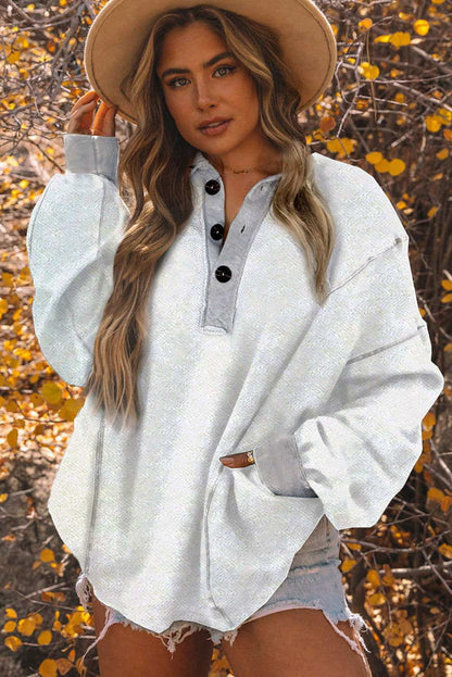 White Contrast Trim Collared Henley Sweatshirt 