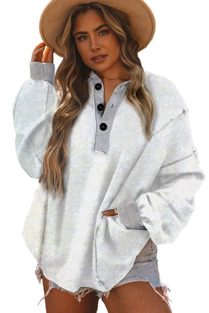 White Contrast Trim Collared Henley Sweatshirt 