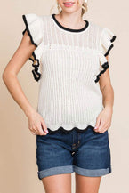 White Contrast Trim Ruffle Hollow Knit Tee 