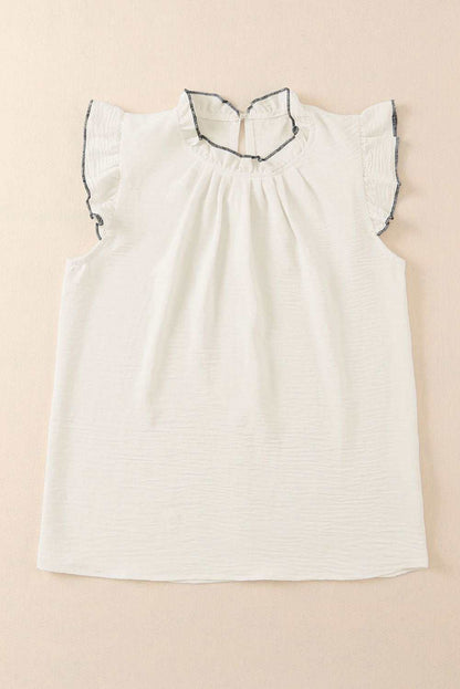 White Contrast Trim Ruffled Sleeveless Blouse 