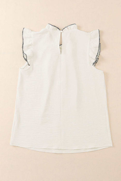 White Contrast Trim Ruffled Sleeveless Blouse 