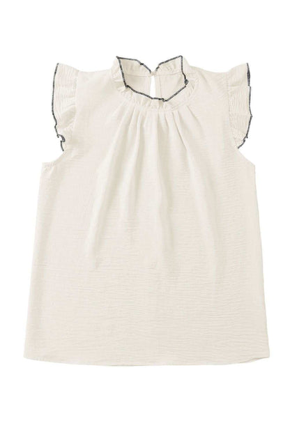 White Contrast Trim Ruffled Sleeveless Blouse 