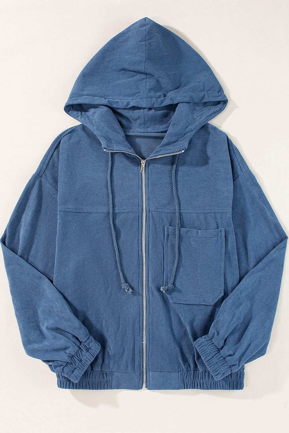 White Corduroy Drawstring Hooded Pocket Zip Up Jacket 