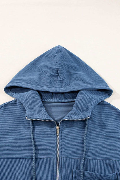 White Corduroy Drawstring Hooded Pocket Zip Up Jacket 