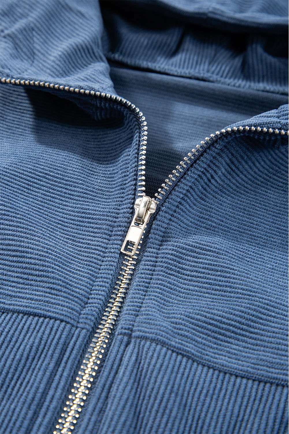 White Corduroy Drawstring Hooded Pocket Zip Up Jacket 